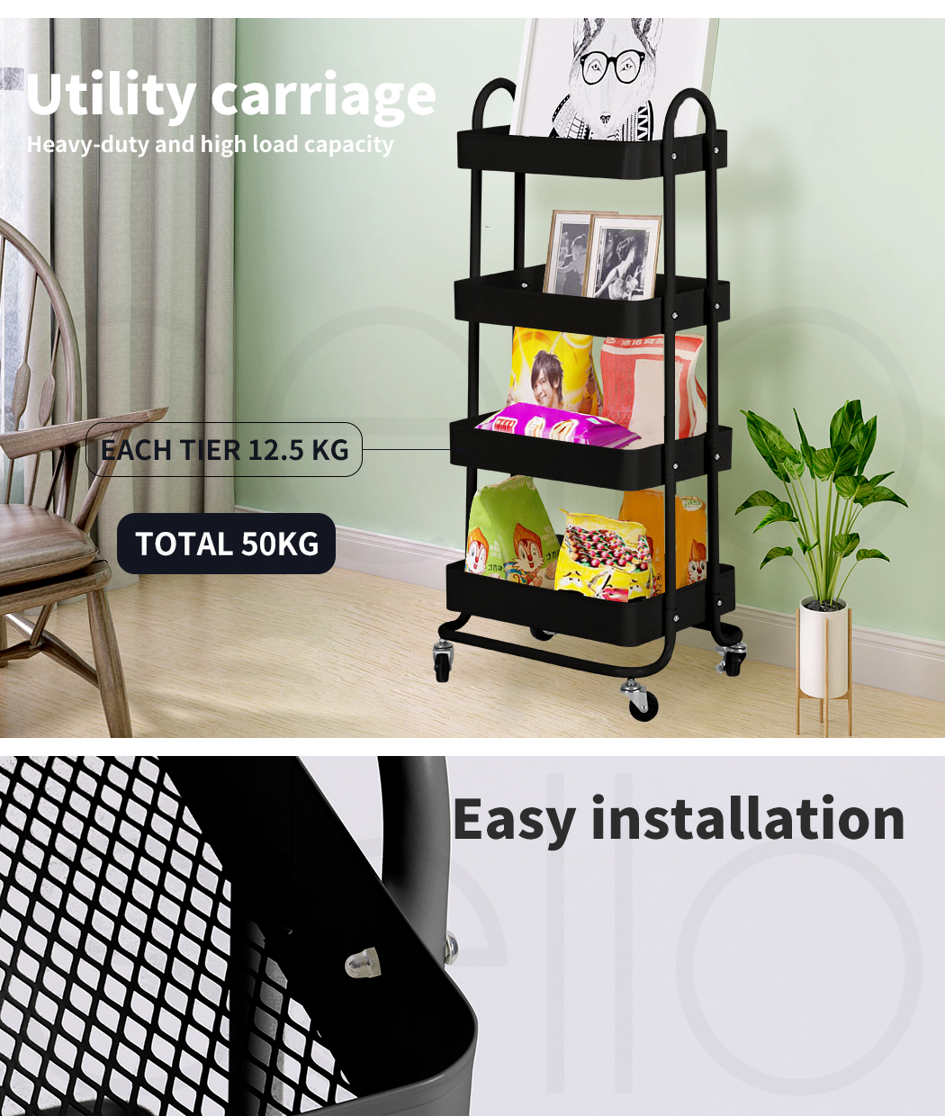4 Tiers Kitchen Trolley Cart – Steel Frame with Rolling Wheels