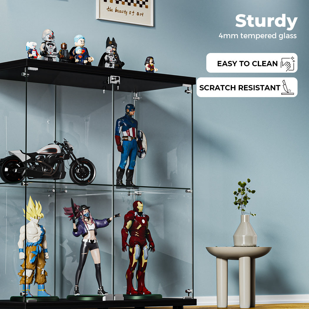 Glass Display Cabinet Lockable Collections Storage 2 Tier Shelf 2 Door.