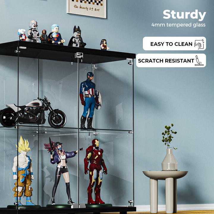 Glass Display Cabinet Lockable Collections Storage 2 Tier Shelf 2 Door.