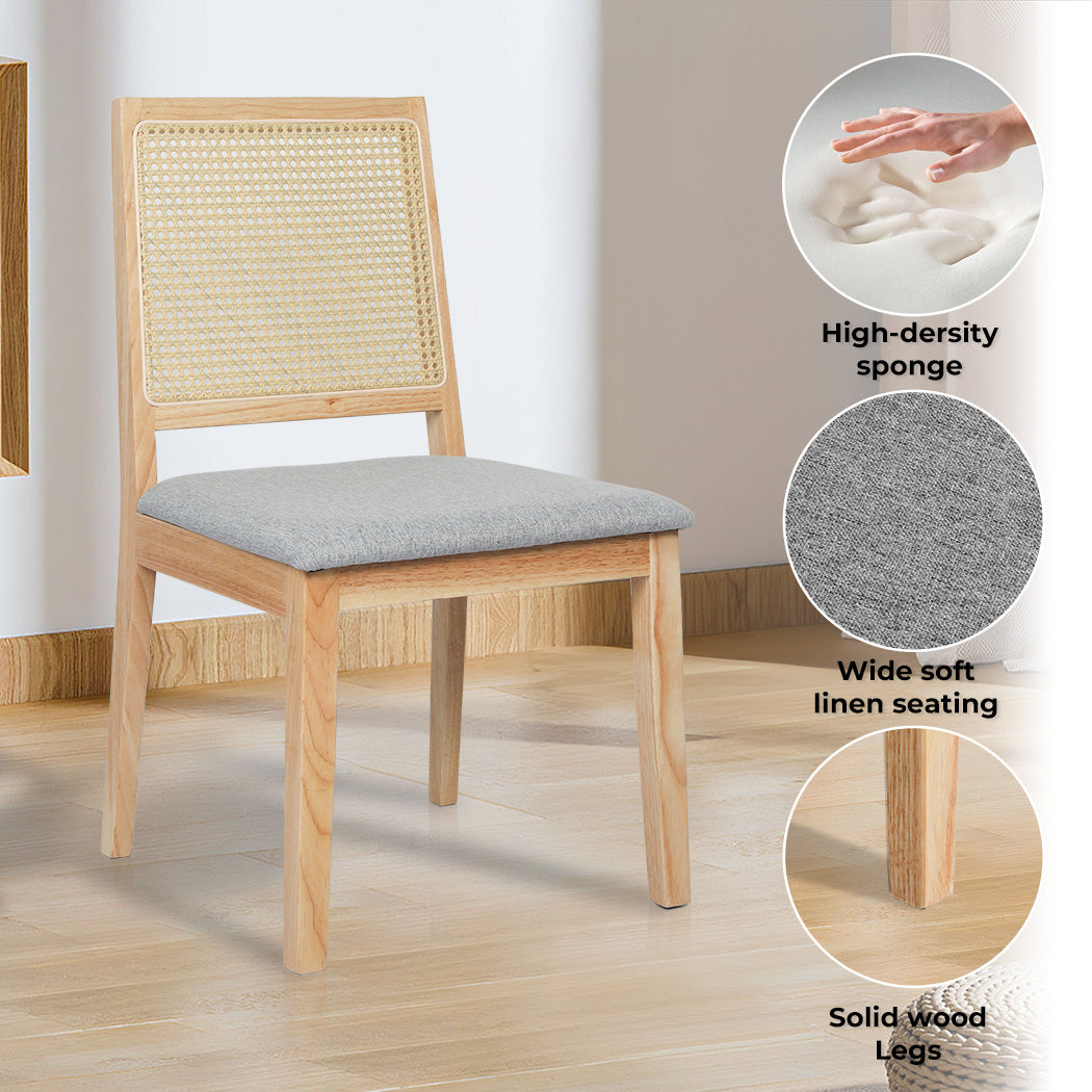 2x Dining Chairs Solid Wood Rattan Weave Lounge Seat Upholstered Linen.