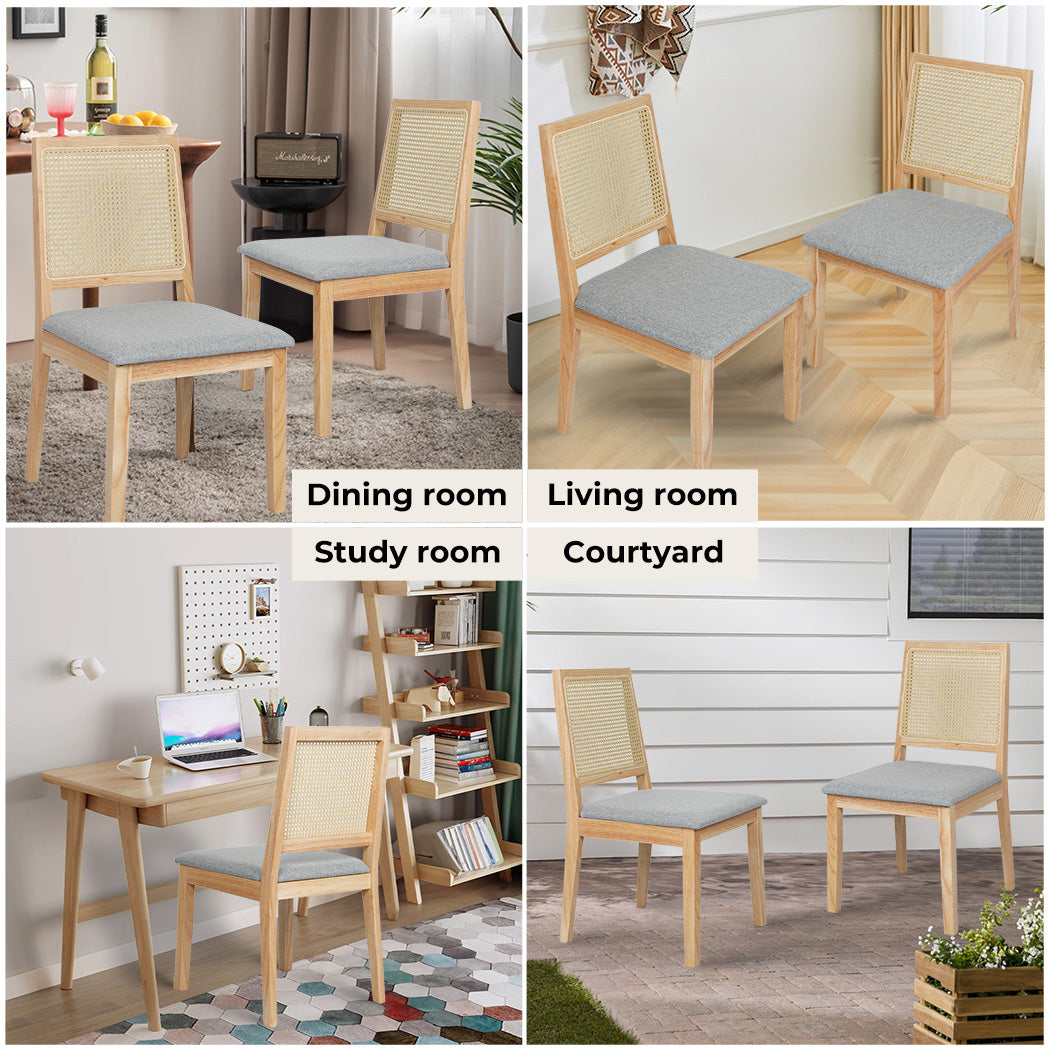 2x Dining Chairs Solid Wood Rattan Weave Lounge Seat Upholstered Linen.