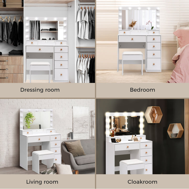 Dressing Table Stool Set 11 Bulbs Makeup Mirror Vanity Desk Cabinet White.