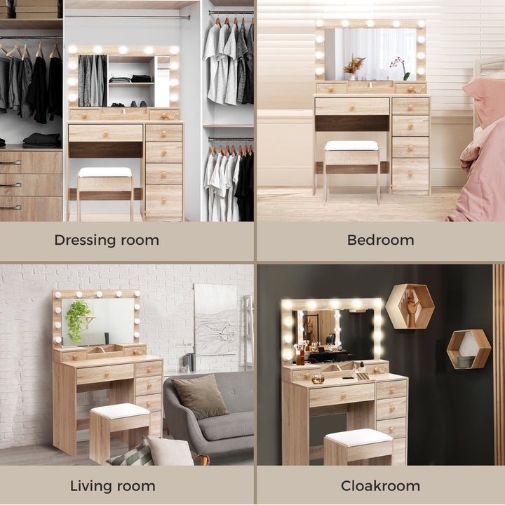 Dressing Table Stool Set 11 Bulbs Makeup Mirror Vanity Desk Cabinet Oak.