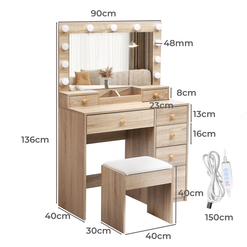 Dressing Table Stool Set 11 Bulbs Makeup Mirror Vanity Desk Cabinet Oak.