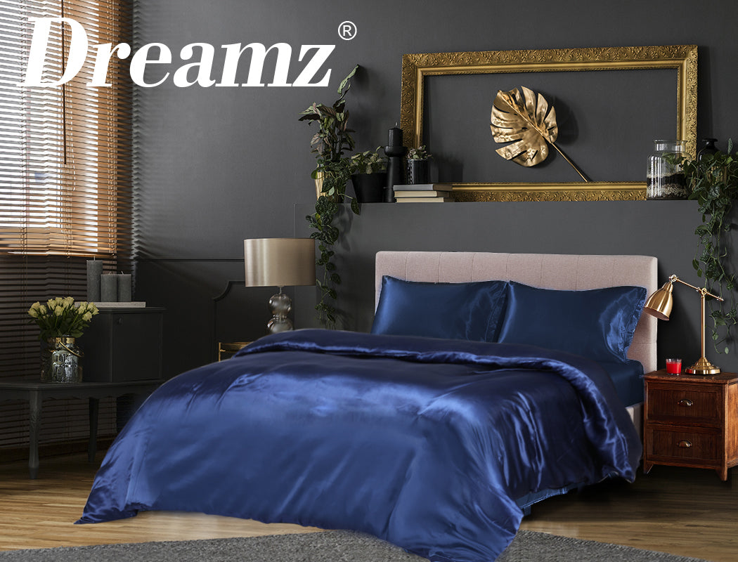 Silky Satin Quilt Cover Set Bedspread Blue.