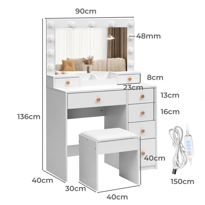 Dressing Table Stool Set 11 Bulbs Makeup Mirror Vanity Desk Cabinet White.