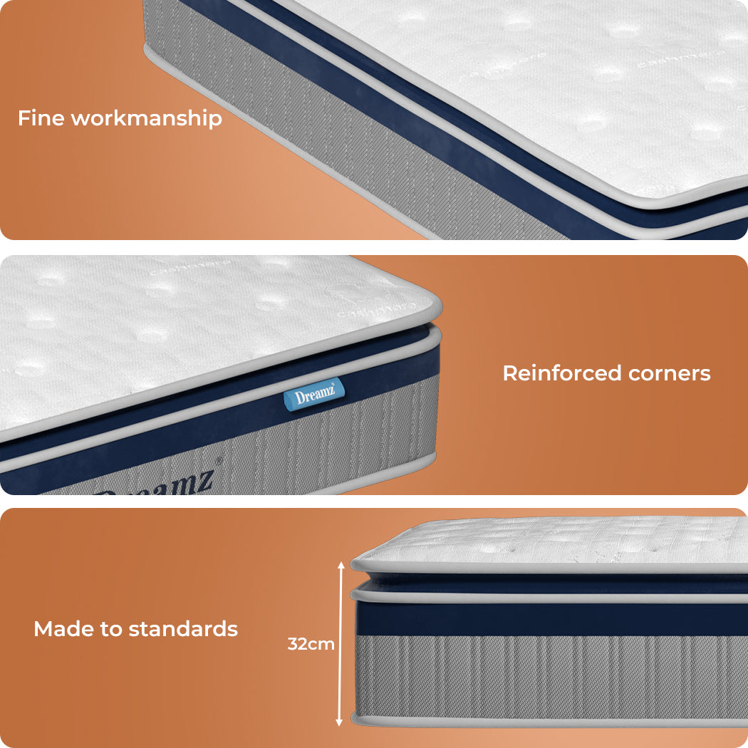 Spring Mattress Pillow Top 7 Zone Pocket Spring Memory Foam 32CM Single.