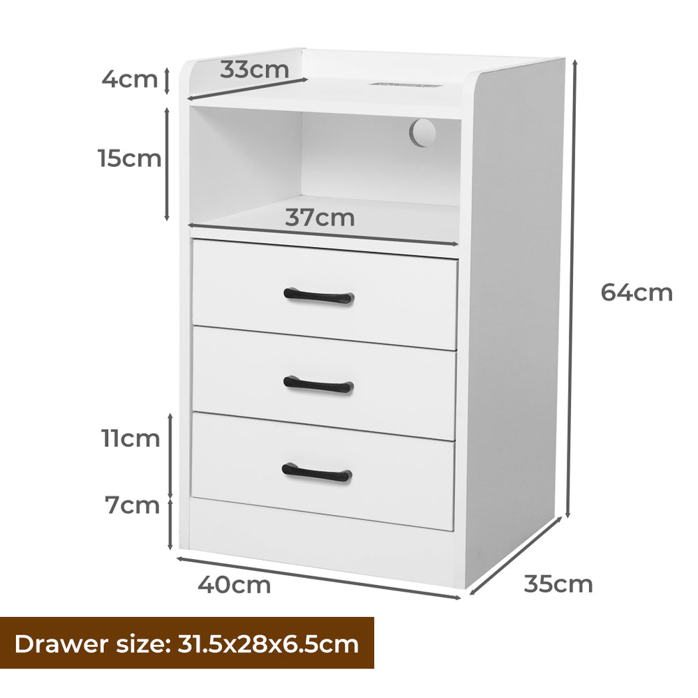 White LED Bedside Table with USB, Outlets & 3 Drawers.