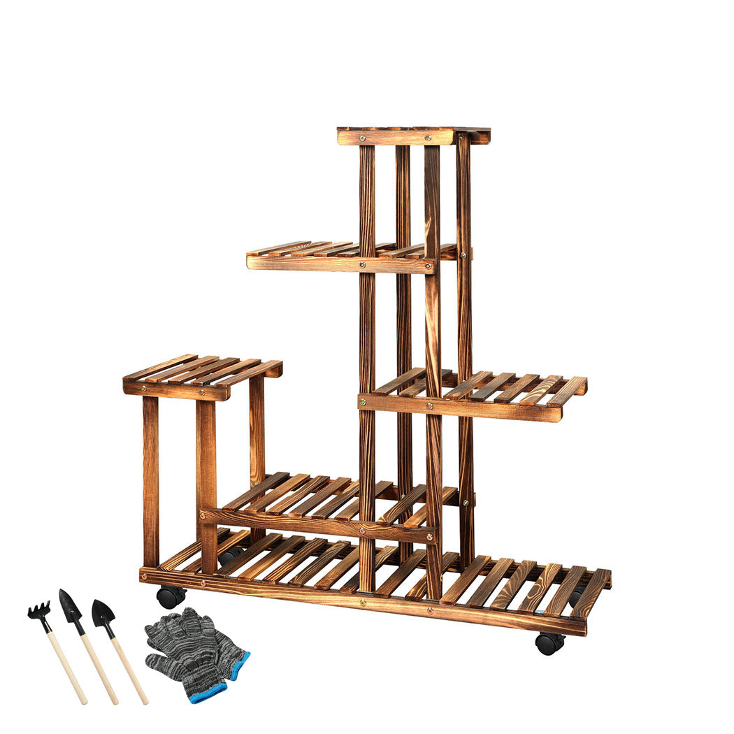 Levede 5-Tier Plant Stand Wood Wooden with Wheels.