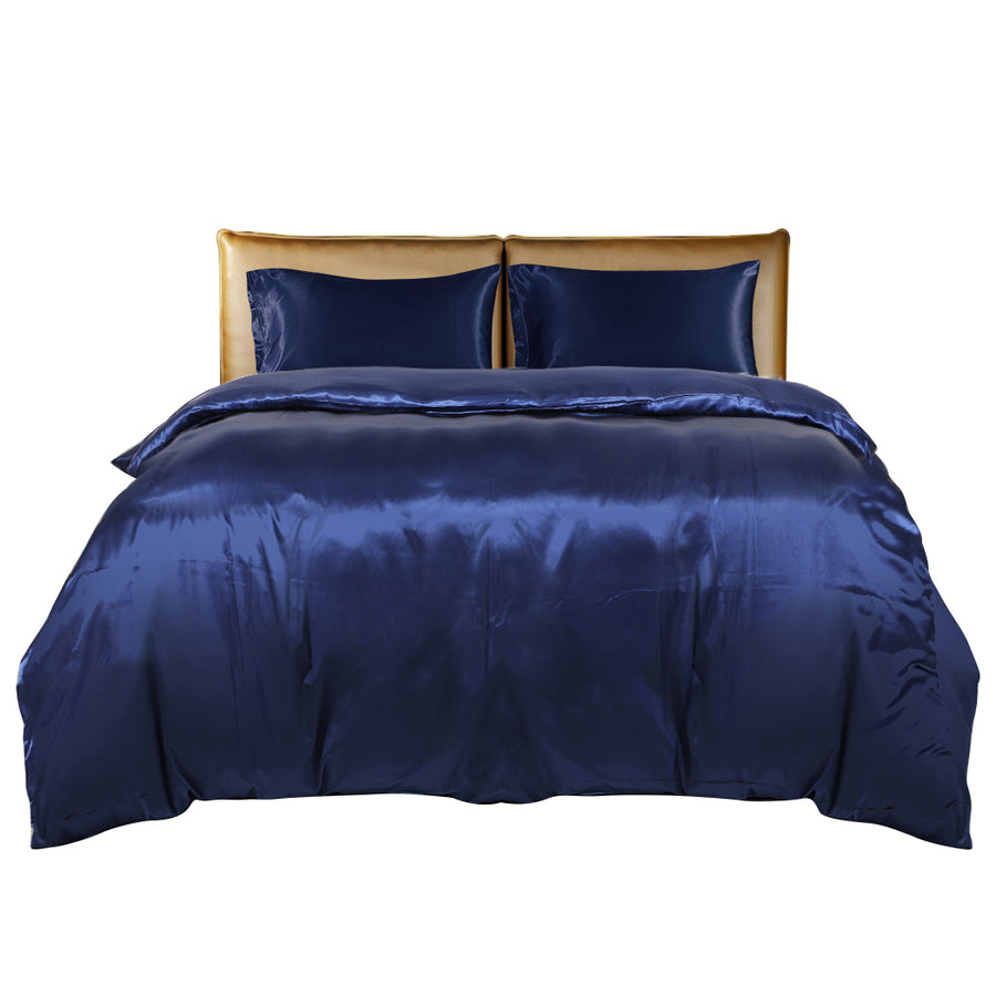 Silky Satin Quilt Cover Set Bedspread Blue.