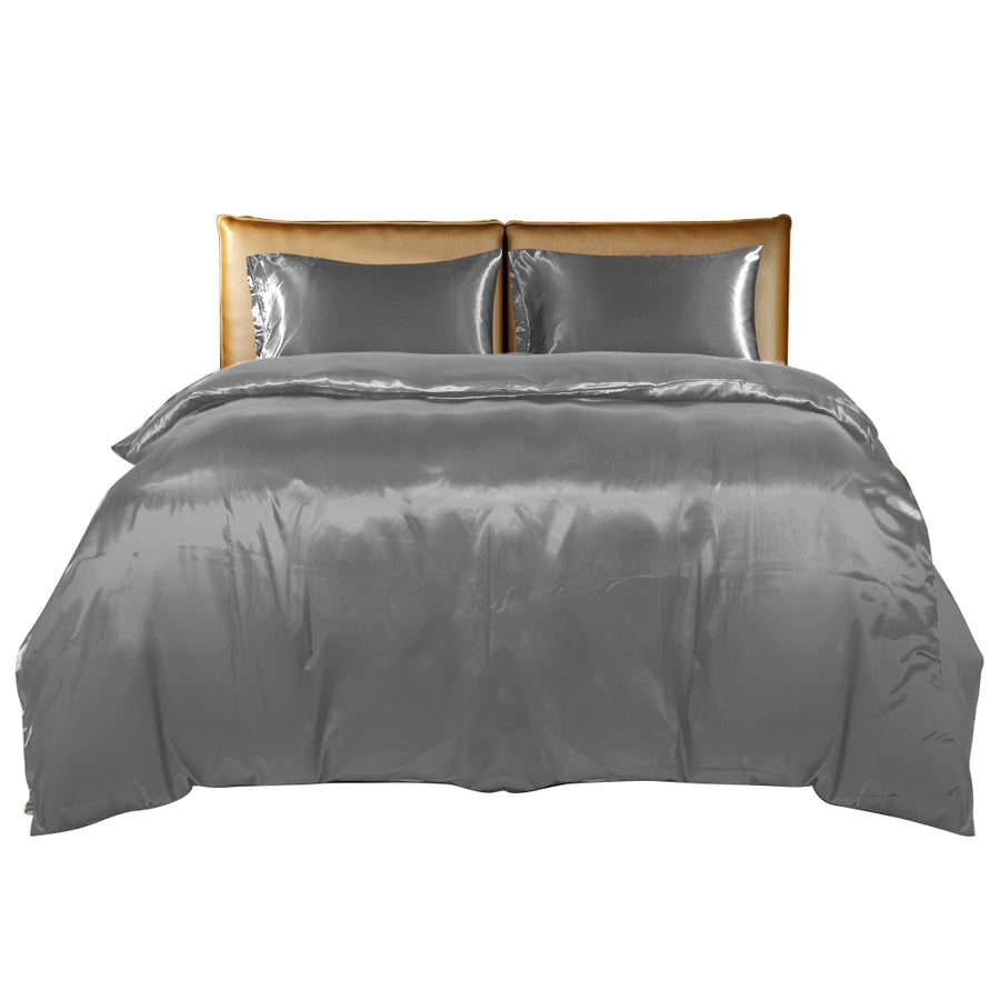 Silky Satin Quilt Cover Set Bedspread Dark Grey.