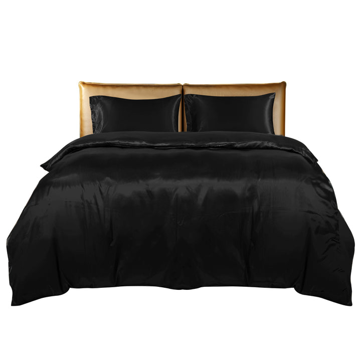 Silky Satin Quilt Cover Set Bedspread Black.