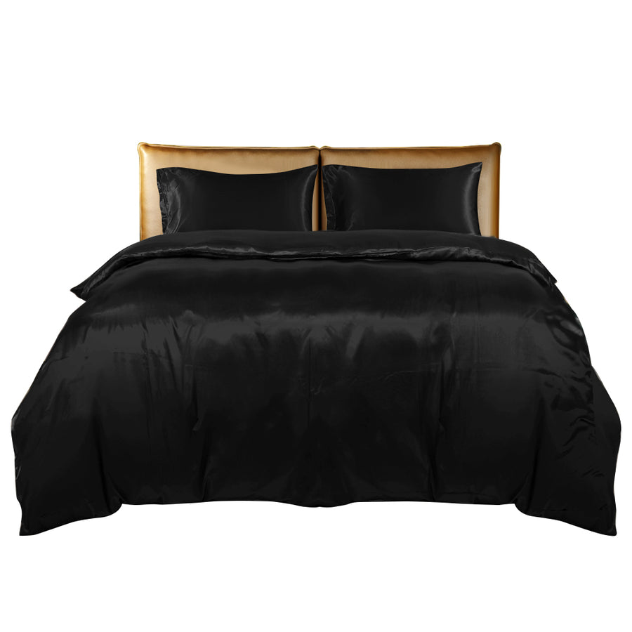 Silky Satin Quilt Cover Set Bedspread Black.