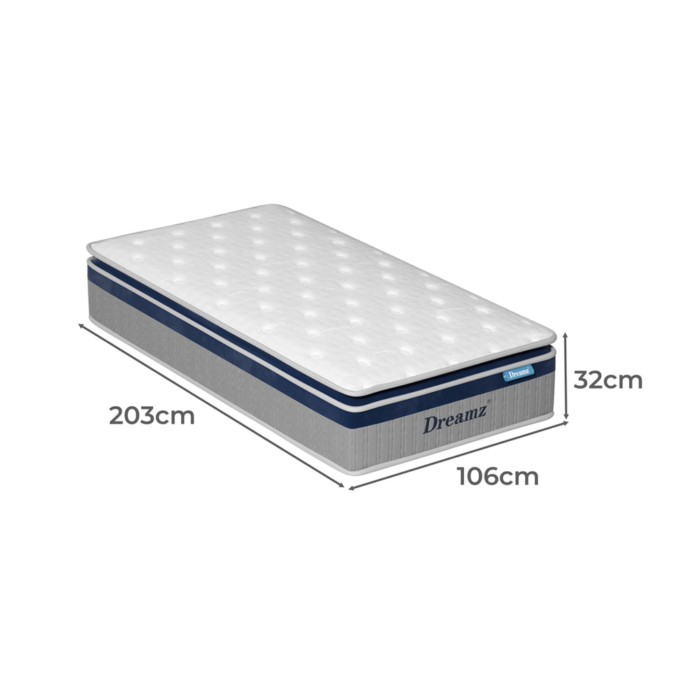 Mattress Pillow Top 7 Zone Pocket Spring Memory Foam 32CM King Single.