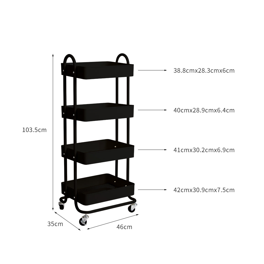 Levede 4 Tiers Kitchen Trolley Cart Black.