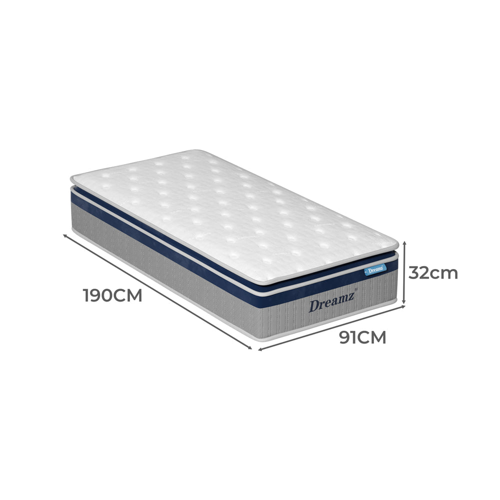 Spring Mattress Pillow Top 7 Zone Pocket Spring Memory Foam 32CM Single.