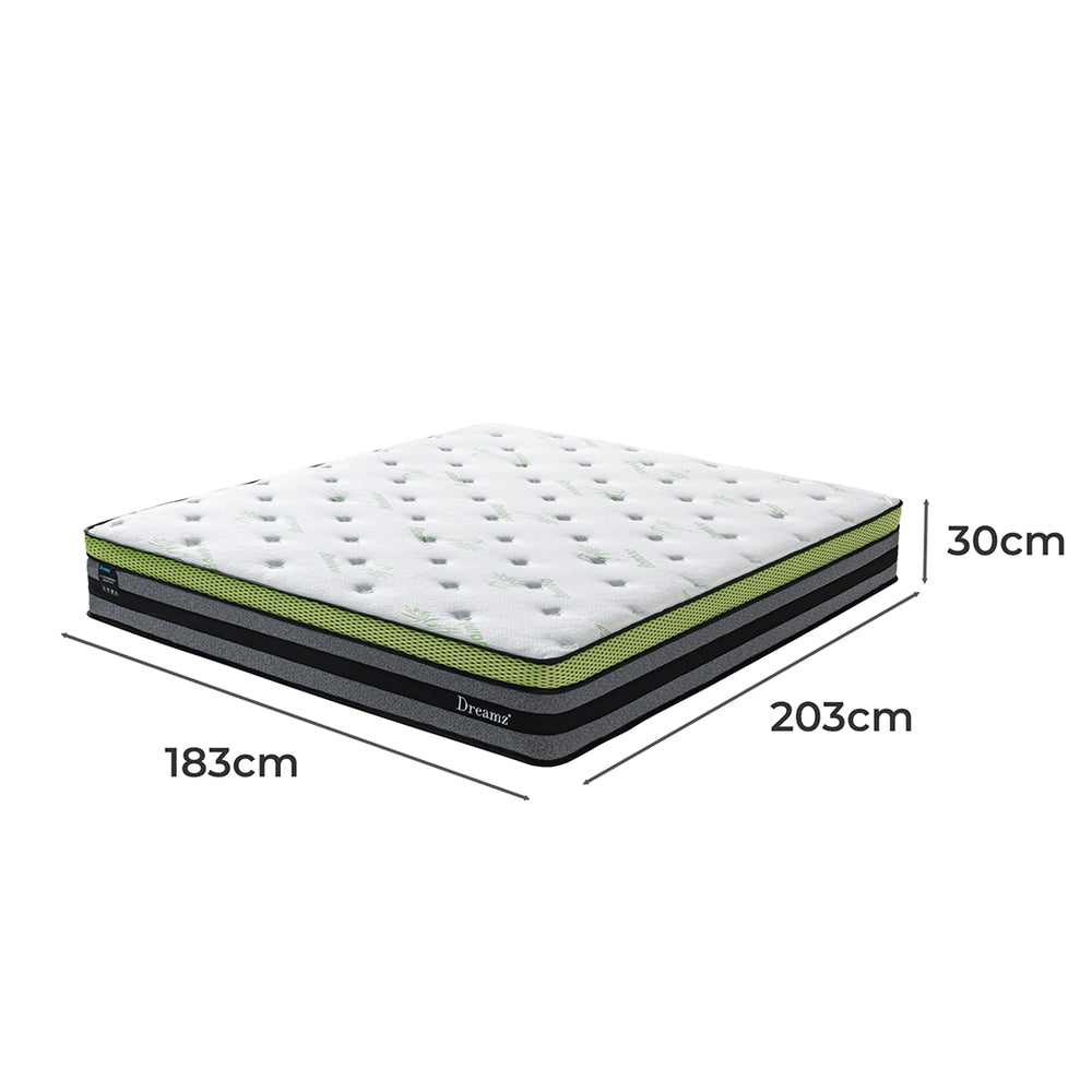 King Cooling Mattress Pocket Spring Euro Top Bed Foam 7 Zone 30cm.