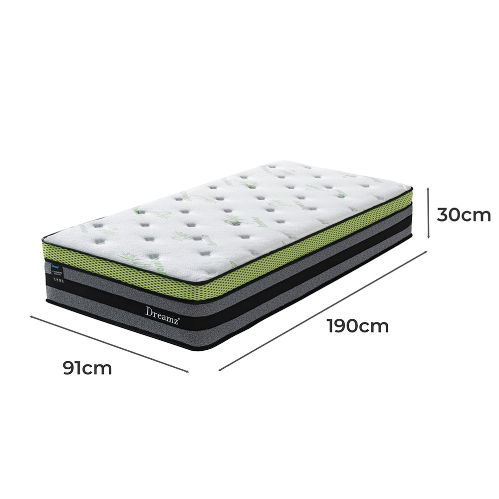 Single Cooling Mattress Pocket Spring Euro Top Bed Foam 7 Zone 30cm.