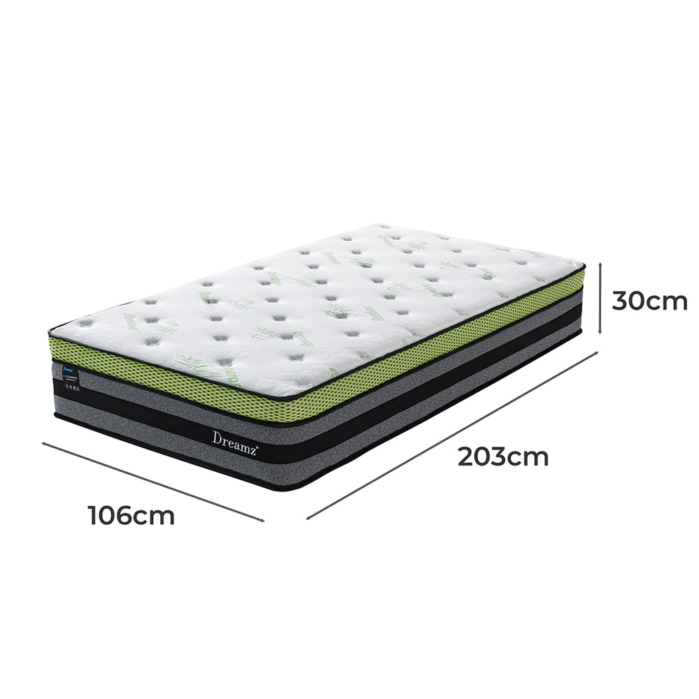 King Single Cooling Mattress Pocket Spring Euro Top Bed Foam 7 Zone 30cm.