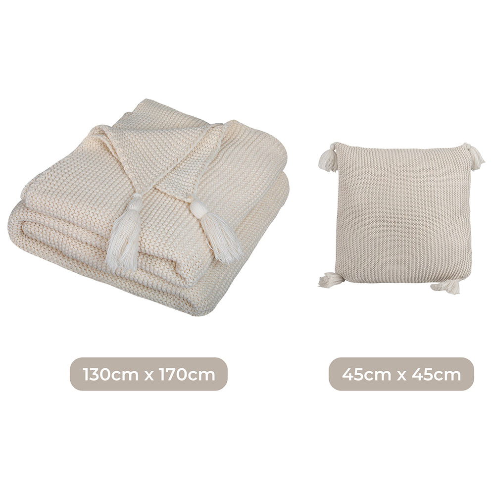 DreamZ Knitting Throw Blanket Cushion Beige.