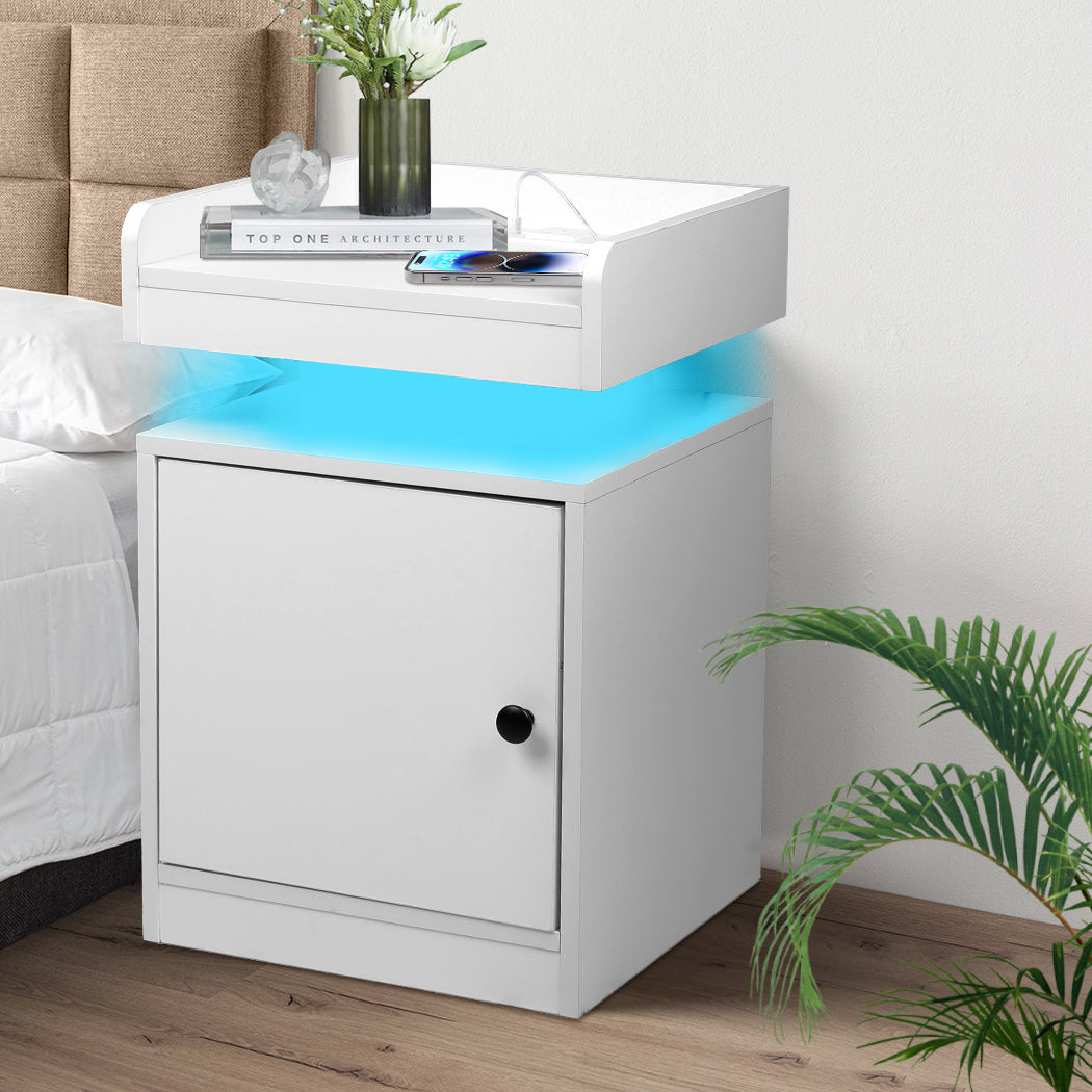 Levede Bedside Table USB Charger Outlet RGB White.