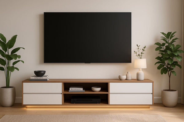 TV unit size guide — 180 cm entertainment unit with 65 inch TV, storage drawers and open shelving in an Australian living room