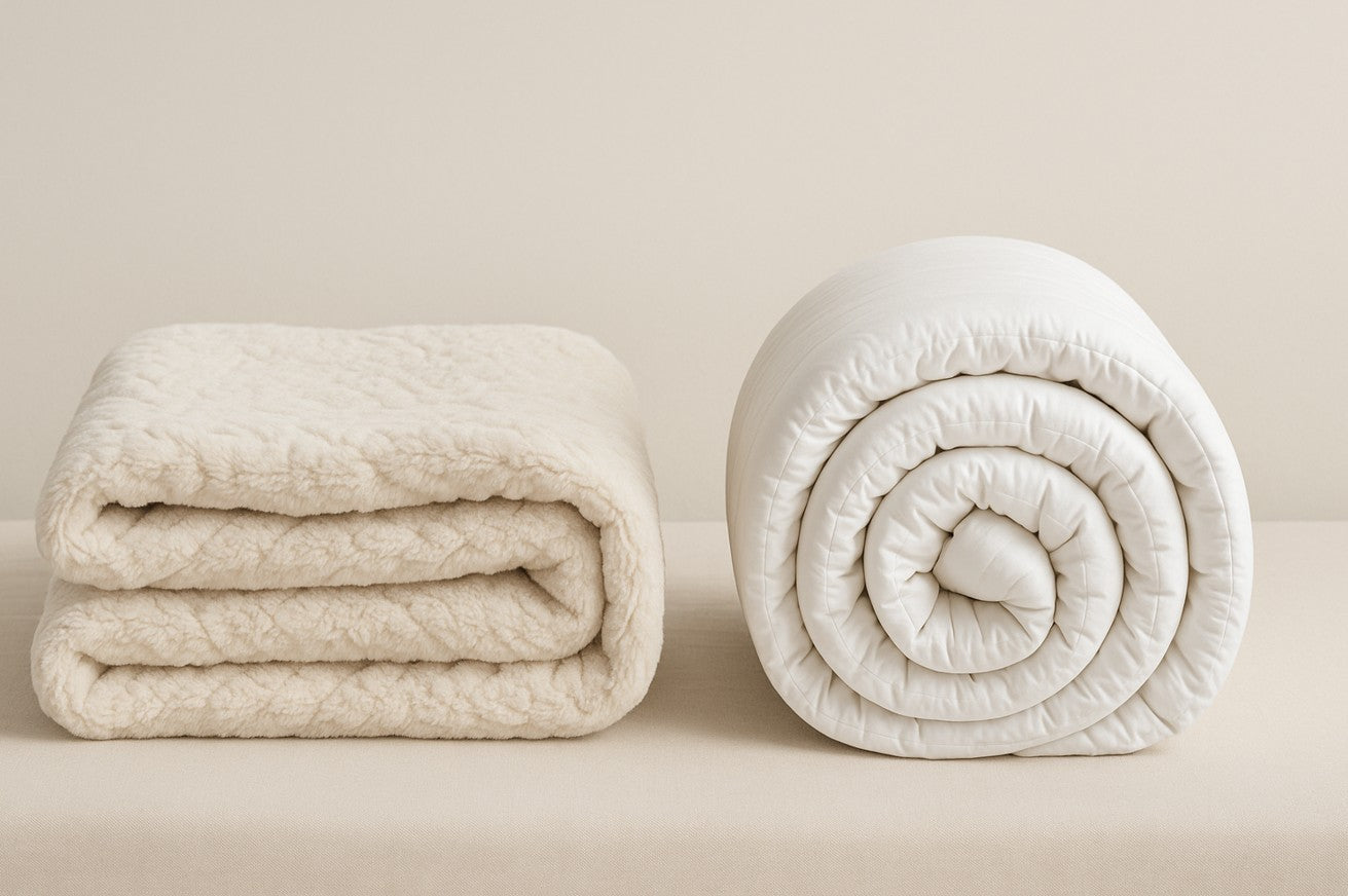 Doona vs quilt comparison — a padded white doona insert next to a quilt cover folded on an Australian queen bed