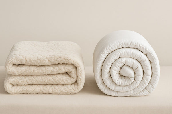Doona vs quilt comparison — a padded white doona insert next to a quilt cover folded on an Australian queen bed