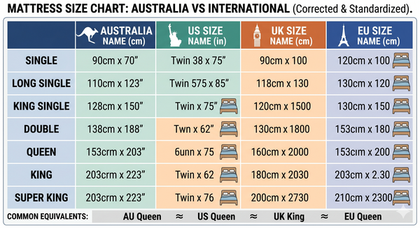 Australia vs international mattress size comparison chart