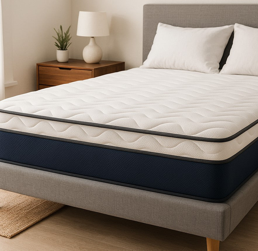 Mattress thickness comparison — low-profile 13 cm, standard 25 cm, thick 32 cm and extra-thick 38 cm mattresses side by side