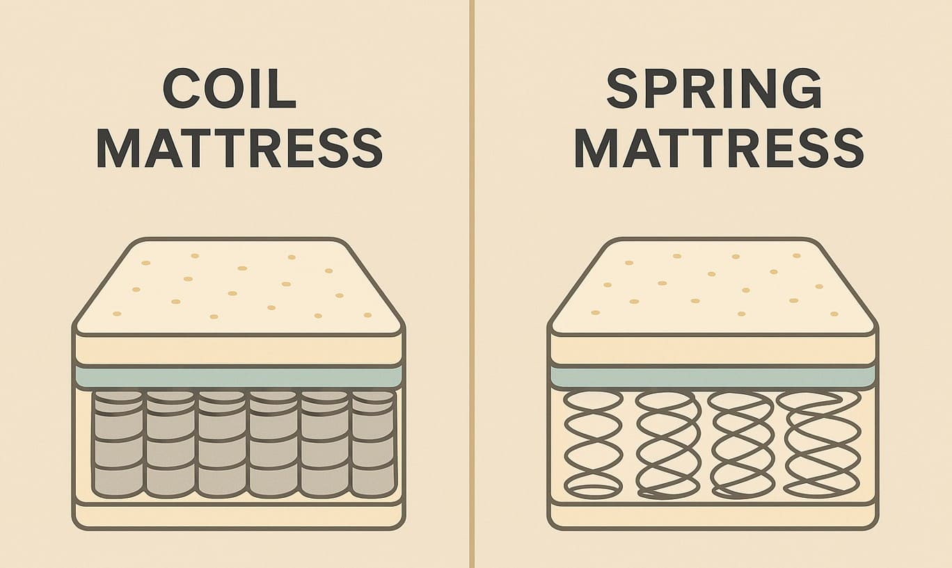 Coil mattress cross-section showing individually wrapped pocket springs vs traditional Bonnell coil spring system