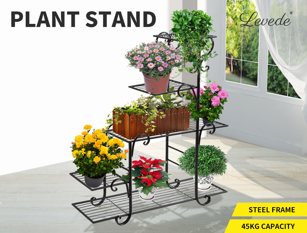 Plant Stand Outdoor Indoor Metal Flower Pots Rack Corner Planter Shelf- Black