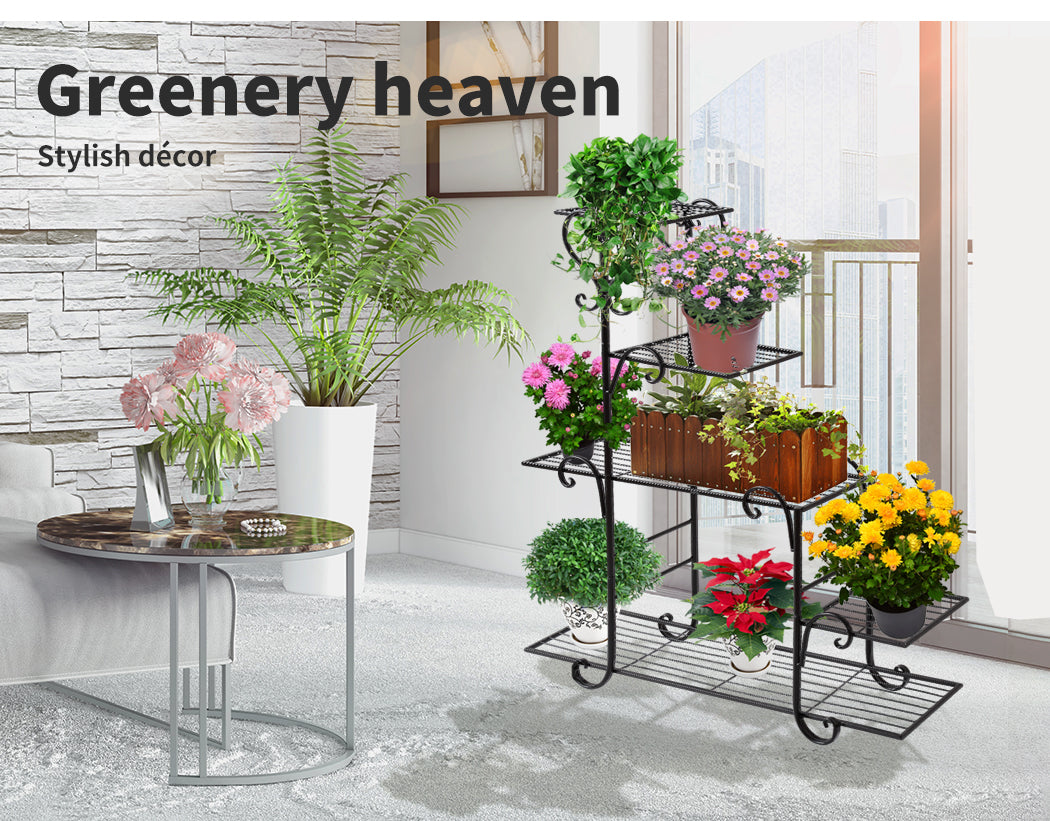 Plant Stand Outdoor Indoor Metal Flower Pots Rack Corner Planter Shelf- Black