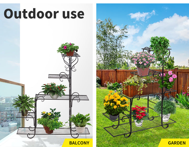 Plant Stand Outdoor Indoor Metal Flower Pots Rack Corner Planter Shelf- Black