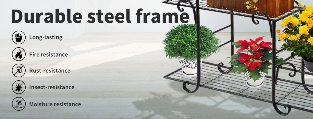 Plant Stand Outdoor Indoor Metal Flower Pots Rack Corner Planter Shelf- Black