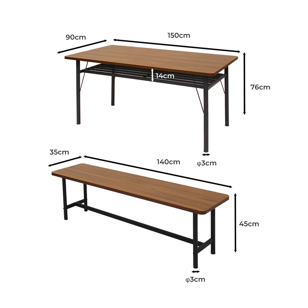 Levede 1x Dining Table +1x Bench Set Steel Home Kitchen Farmhouse Brown - Levede