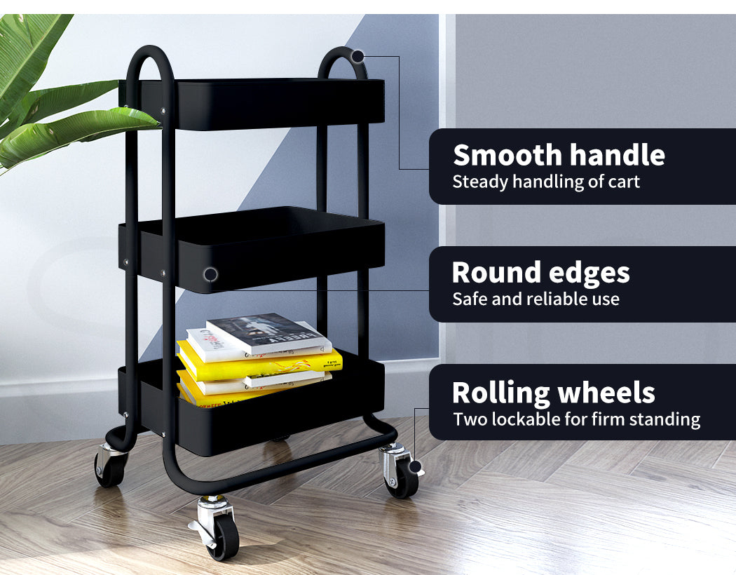 3-Tier Kitchen Trolley Cart – Steel Frame with Rolling Wheels.