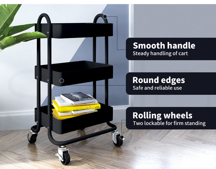 3-Tier Kitchen Trolley Cart – Steel Frame with Rolling Wheels.