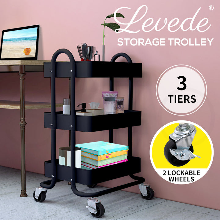 3-Tier Kitchen Trolley Cart – Steel Frame with Rolling Wheels.