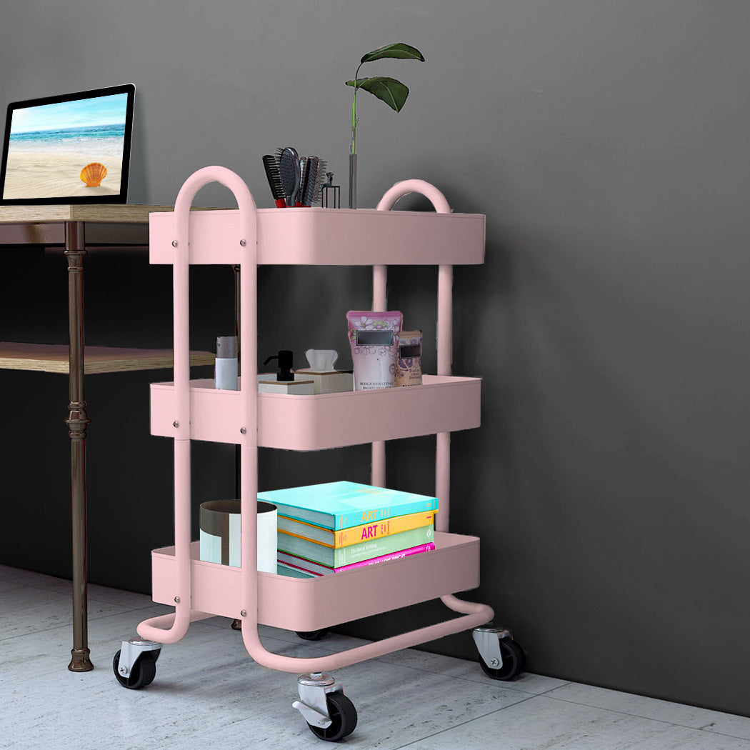Levede 3 Tiers Kitchen Trolley Cart Pink.