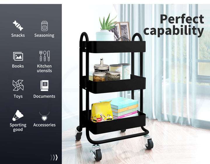 3-Tier Kitchen Trolley Cart – Steel Frame with Rolling Wheels.