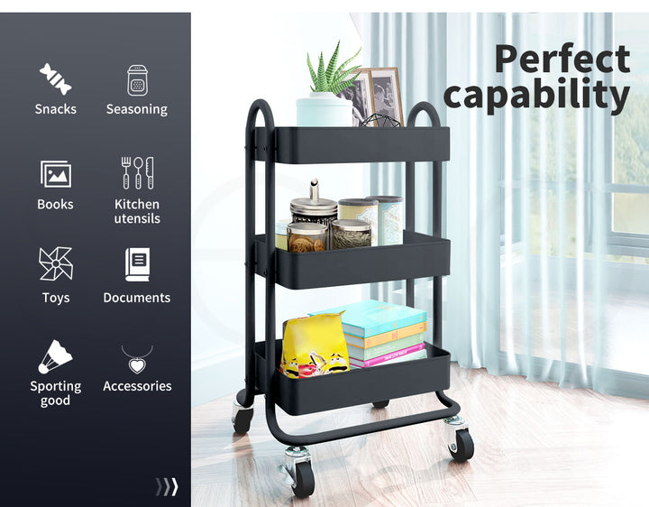 3-Tier Kitchen Trolley Cart – Steel Frame with Rolling Wheels.