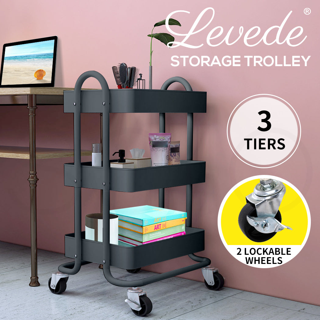 3-Tier Kitchen Trolley Cart – Steel Frame with Rolling Wheels.