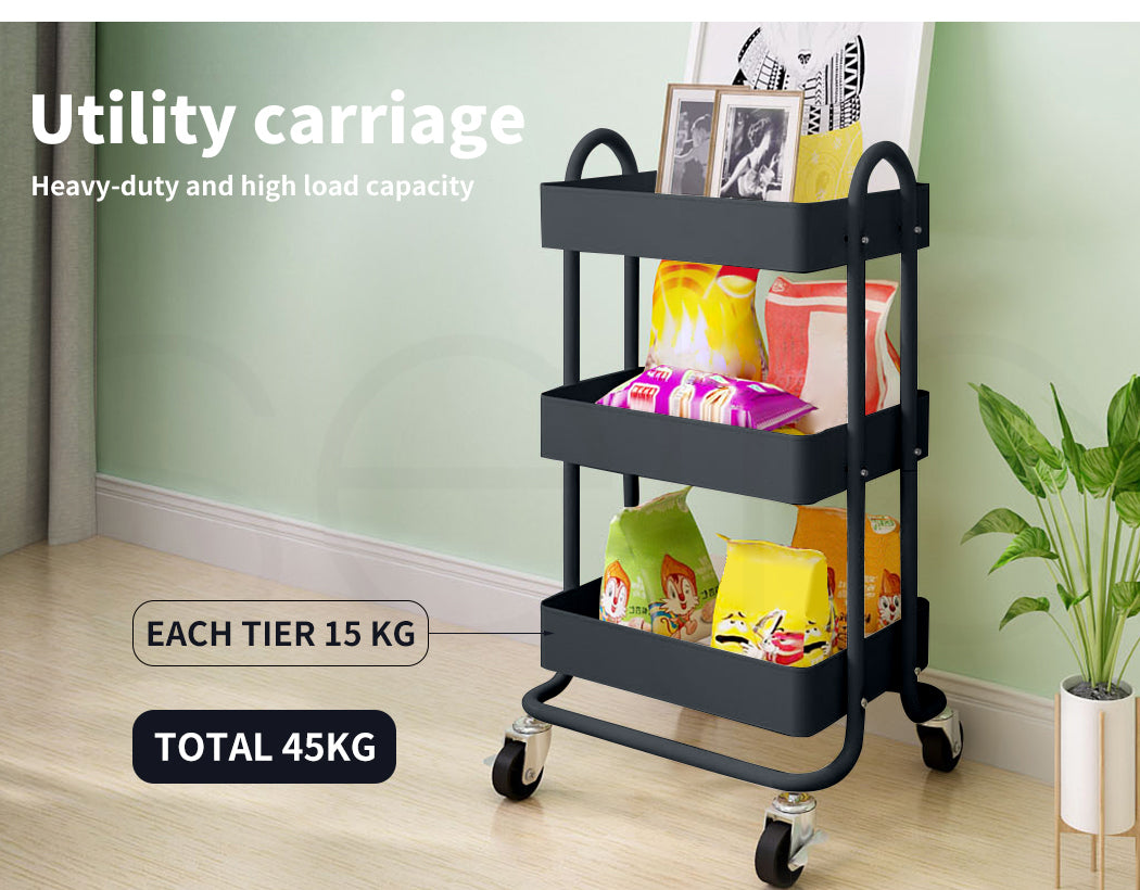 3-Tier Kitchen Trolley Cart – Steel Frame with Rolling Wheels.