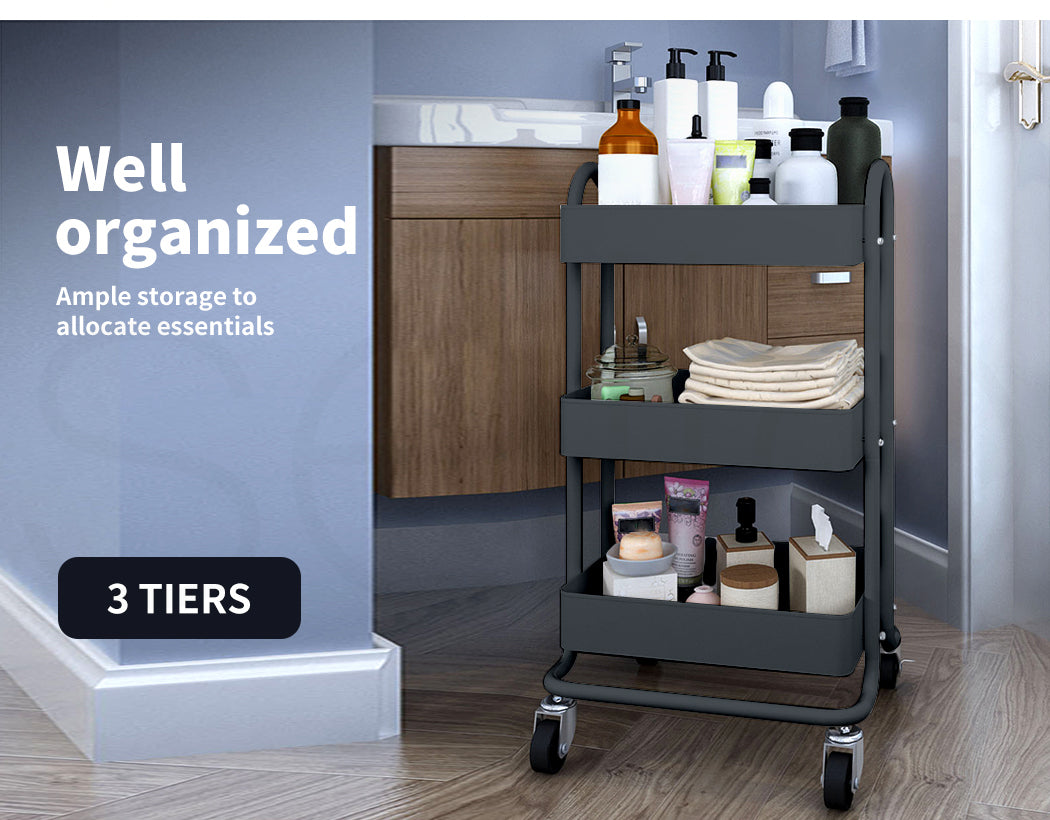 3-Tier Kitchen Trolley Cart – Steel Frame with Rolling Wheels.