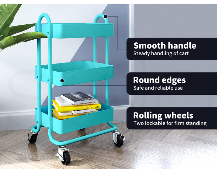 3-Tier Kitchen Trolley Cart – Steel Frame with Rolling Wheels.