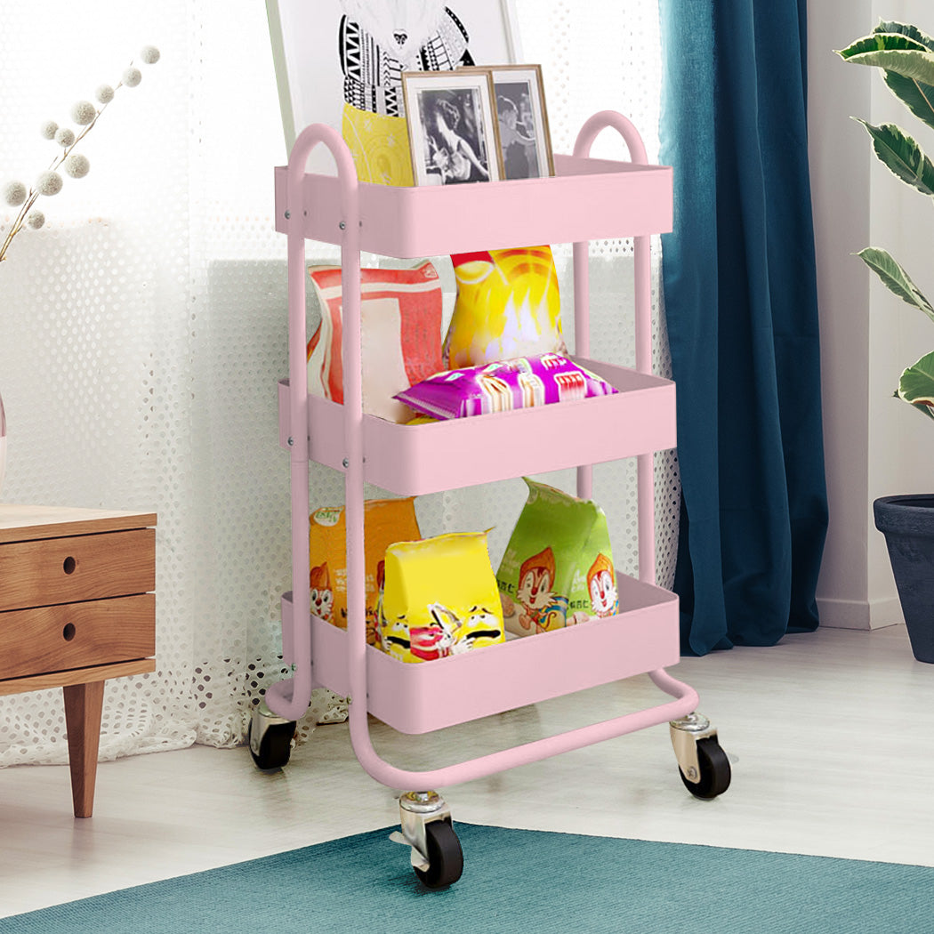Levede 3 Tiers Kitchen Trolley Cart Pink.