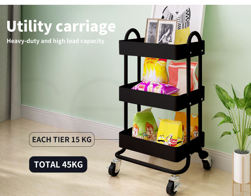 3-Tier Kitchen Trolley Cart – Steel Frame with Rolling Wheels.