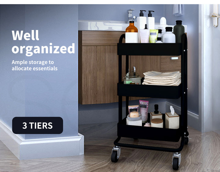 3-Tier Kitchen Trolley Cart – Steel Frame with Rolling Wheels.