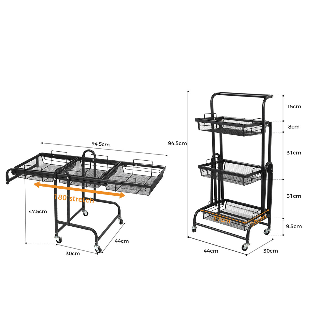 Levede 3 Tier Kitchen Trolley Cart Swivel Black Colour.